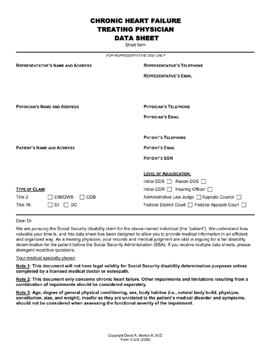 Congestive (Chronic) Heart Failure Treating Physician Data Sheet Congestive (Chronic) Heart Failure Treating Physician Data Sheet
