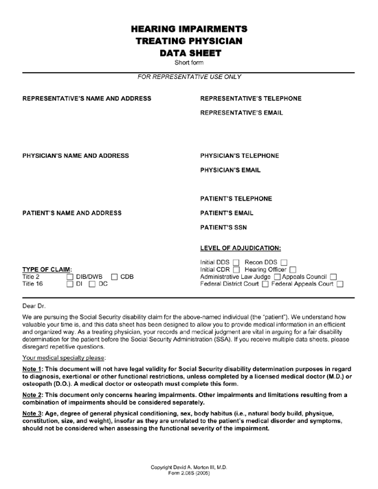 Hearing Impairment Treating Physician Data Sheet Hearing Impairment Treating Physician Data Sheet