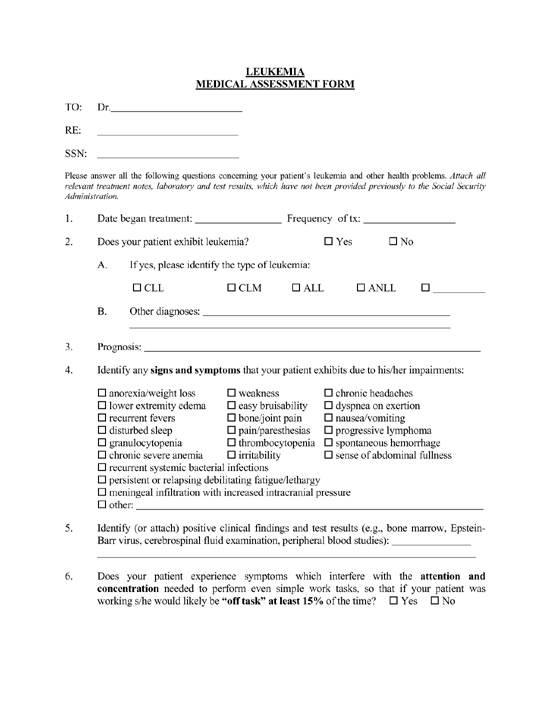 Leukemia Medical Assessment Form Leukemia Medical Assessment Form